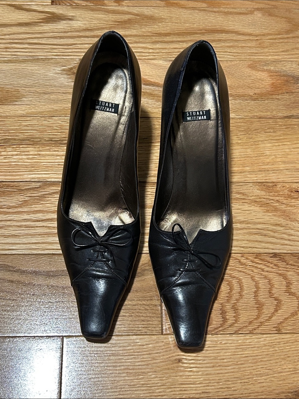 Stuart Weitzman dark brown Leather Pointed Toe Bow Pumps